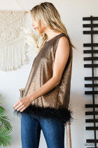 Foil Jacquard Sleeveless Feather Trim Top