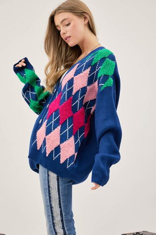 Plush Argyle Oversized Cardigan