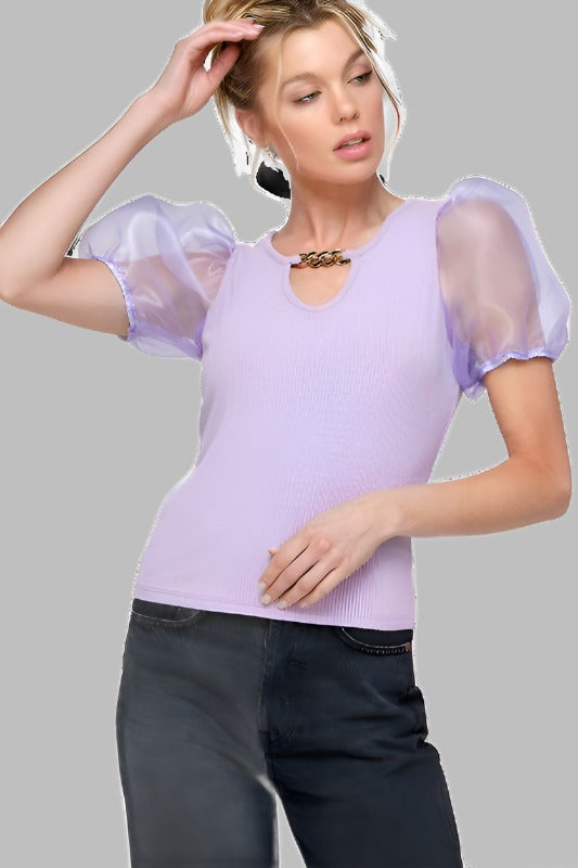 Ribbed Knit Top with Sheer Organza Puff Sleeves