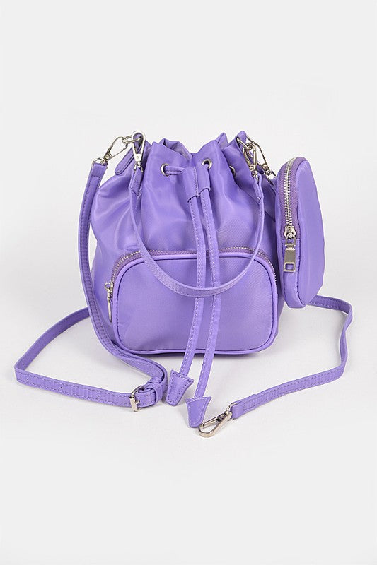 Nylon Zip Pocket Front Bucket Bag W/Mini Purse